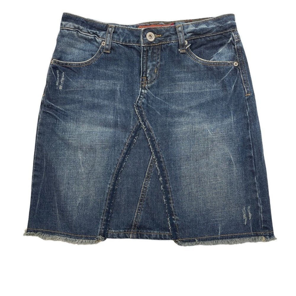 MUDD Distressed Denim Mini‎ Skirt Juniors Size 5 Medium Wash Raw Hem y2k 2000s - Picture 10 of 13